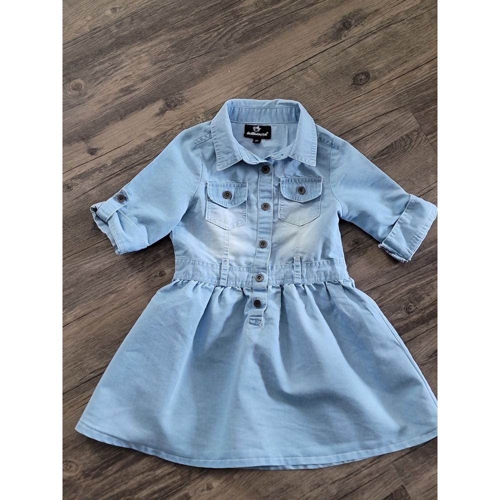 Dollhouse‎ Kids Girls Light Wash Denim Button Down Shirt Dress 4T Blue Roll Tab
